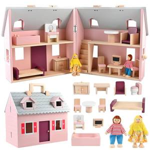 lot 15377 image: WoodTrove Dollhouse, Wooden Dollhouse for Kids, Foldable Wooden Doll House Dolls and Wooden Furniture, Gift for Boys Girls Kids Ages 3