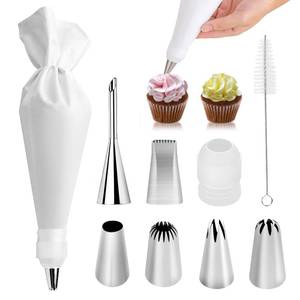 lot 16092 image: 9-Piece Reusable Piping Bags and Tips Set- Cotton Baking Kit with Coupler, Stainless Steel Nozzles and Cleaner for CakesCupcakesCookies Decorating