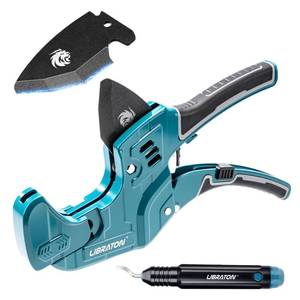lot 16099 image: Libraton PVC Pipe Cutter, Up to 2-12in, Ratchet Pipe Cutter Tool for PEX, PVC, PPR Plastic Hoses Plumbing, Heavy-Duty Pipe Cutter with Deburring Tool Replacement Blade, 2 Adjustable Cutting Ranges