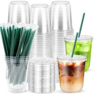 lot 19228 image: Etersky 50PCS 12 oz Clear Plastic Cups with Lids and Dark Green Straws, Round Bottom Disposable To Go iced Coffee Cups, Small Bubble Tea Smoothie Cups for Drink Shops, Picnic, Takeout, Party, Office