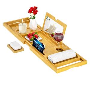lot 19247 image: Premium Bathtub Tray Caddy with Makeup Mirror Bamboo - Bath Tray Expandable- Unique House Warming Gifts, New Home, Anniversary and Wedding Gifts for Couple, Bridal Shower Gift for Wome
