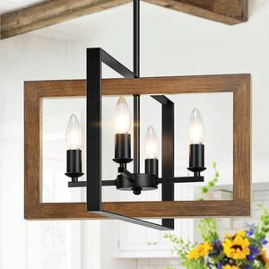 lot 19252 image: 17in Farmhouse Real Wood Chandelier, No Assembly Required 4-Light Rustic Dining Room Light Fixture Over Table, Adjustable Hanging Chandelier for Kitchen Living Room Foyer Entryway