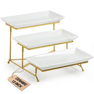 lot 19266 image: LAUCHUH 3 Tier Serving Tray, Porcelain Serving Platter Tier Serving Stand with Collapsible Sturdier Rack, Serving Trays and Platters Dessert Party Display Set for Motherfts Day, Gold, 12 Inch