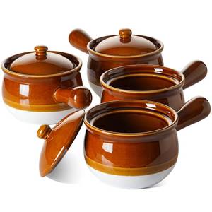 lot 19292 image: LE TAUCI French Onion Soup Bowls, 16 Fluid Ounce Ceramic French Onion Soup Crocks with Handles and Lids for Soup, Cereal, Chilli, Beef Stew, Set of 4