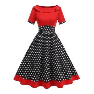 lot 20005 image: Boat Neck 1950s Dresses for Women Vintage 50s Formal Rockabilly Dresses Retro 40fts 50fts Style Polka Dot Patchwork Short Sleeve Audrey Hepburn Prom Tea Party Church Cocktail Swing Dresses Red XXL