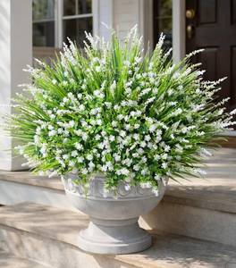 lot 20033 image: HyeFlora 20 Bundles Artificial Fake Outdoor Plants Flowers for Spring Decoration, UV Resistant Realistic White Plastic Flowers Faux Plant Monkey Grass for Planter Home Garden Porch Patio Window Box