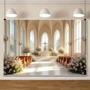 lot 20044 image: ChloropLastid 10x8ft Church Wedding Backdrop European Luxurious Church Flowers Wedding Ceremony Photography Background for Bridal Shower Baptism Baby Shower Portrait Photoshoot Studio Props