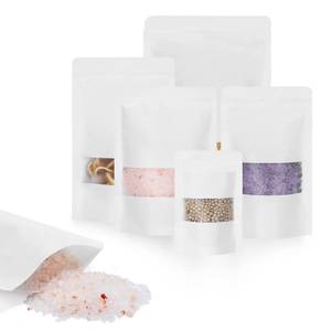 lot 20047 image: Larzack 100pcs Kraft Bags with Window 5.9x8.6 Inches White Reusable Sealable Ziplock Food Storage Stand up Paper Pouches for Home or Business