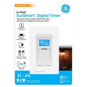 lot 20050 image: GE SunSmart 7-Day In-Wall Digital Timer Switch, Auto SunriseSunset, Weekly Programmable, Security, Countdown, Single-Pole3-Way, Neutral Wire Required, White or Light Almond, 32787