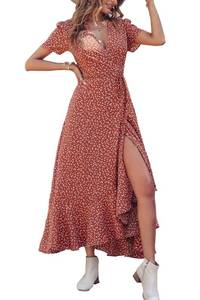 lot 20073 image: PRETTYGARDEN Womenfts Summer Wrap Maxi Dress Casual Boho Floral V Neck Short Sleeve Ruffle Hem Split Beach Long Dresses (Red White Floral,Small)
