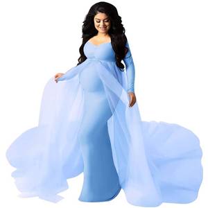 lot 20085 image: Womenfts Ruched V Neck Long Sleeve Tulle Maternity Dress Chiffon Casual Elegant Fitted Photography Gown Slim Fit Flowy Wedding Party Beach Pregnancy Maxi Dress for Baby Shower Photo Shoot Sky Blue M