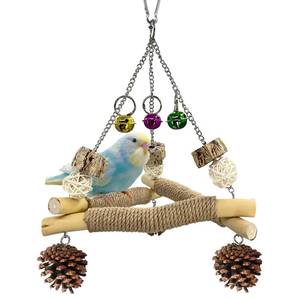 lot 20492 image: New with Bell Wooden Bird Swing for Cage, 3-in-1 Hanging Parrot Toy with Chew Toys, 3 Sisal Perches and Stable Triangle Design for Parakeets, Cockatiel, Conures, Lovebirds, Quaker Parrots