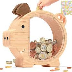 lot 6078 image: SunnDate Wooden Pig Shaped Piggy Bank with Clear Window tailpiece broken off