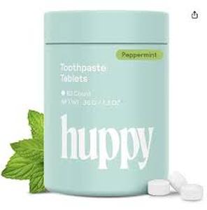 lot 14316 image: Huppy Toothpaste Tablets, Nano Hydroxyapatite, Fluoride Free and Plastic Free, Natural Whitening, Remineralizing, SLS Free, Travel Friendly Chewable Tabs, Peppermint Flavor, 62 Count (1 Month Supply)