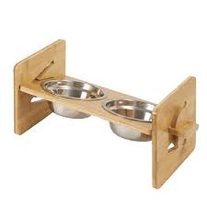 lot 19234 image: Cuddly Co Elevated Bamboo Dog Cat Bowl Stand with Stainless Steel Bowls (Missing 1 Bowl)