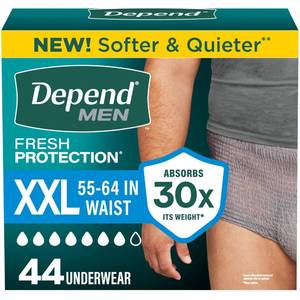 lot 9951 image: Depend Fresh Protection Adult Diapers, Incontinence Underwear for Men, Disposable, Maximum, Extra-Extra-Large, Grey, 44 Count (2 Packs of 22), Packaging May Vary