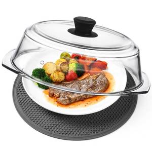 lot 9953 image: 2 in 1, Tall Glass Microwave Splatter Cover for Food & Microwave Place Mat, Plate Splatter Guard Lid with Silicone Handle Knob, Cookware & Bakeware Serving Dish Cover, Food Grade, No Plastic, 10in