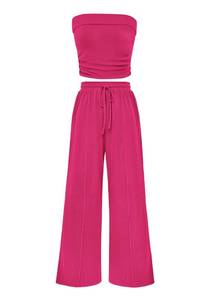 lot 10024 image: PRETTYGARDEN Womens Summer Outfits 2 Piece Sets Casual Ribbed Knit Crop Tube Top Wide Leg Pants Spring Matching Lounge Set(Rose Red,Medium)