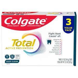 lot 10032 image: Colgate Total Active Prevention Deep Clean Toothpaste, Anticavity Fluoride Toothpaste, Clinically Proven Fluoride Formula Helps Fight Plaque Bacteria, Mint, 3 Pack, 5.1 oz