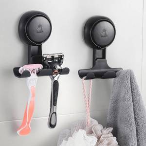 lot 10037 image: LEVERLOC Razor Holder for Shower 2 Pack, Powerful Vacuum Suction Cup Hook for Towel, Loofah, Razor, Squeegee, Damage-Free Wall Shower Hook, Shaver Holder for Bathroom, Easy to Install and Reuse, Black