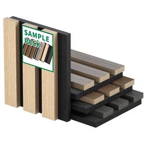 lot 10046 image: 4 Pack Sample Set 3D Acoustic Slat Panels, 4.72 x 5.9 Sound Absorbing Wood Finish Panels, Oak, Teak, Grey & Black, Decorative Acoustic Wall, Samples