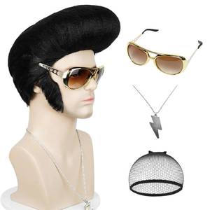 lot 18291 image: Pre-styled Man Wig and Glasses Necklace, Black Wig with Sideburns Men 50s Rock Star Disco Singer Hair Wig Rocker Costume for Halloween Cosplay Party  Cap