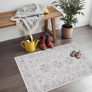 lot 18297 image: Washable Area Rug Non Slip - 2x3 Small Kitchen Boho Rug Vintage Entryway Low Pile Carpet for Doormat Grey