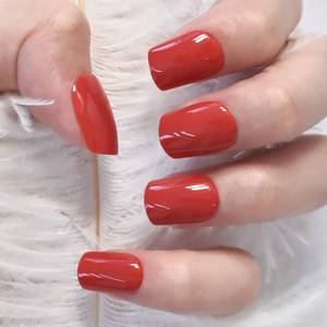 lot 18355 image: LINSSQ Glossy Orange Red Press on Nails,Short Squoval False Nails,Beauty Solid Color Manicure Reusable UV Gel Fake Finger Nail Art for Daily Office Party 24pcs