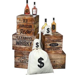 lot 1673 image: Marsui 13 Pcs Roaring 20s Party Decorations Photo Backdrop Speakeasy Decor Including 5 Wood Grain Boxes 4 Whiskey Bottle Cardboards and 4 Dollar Sacks for Retro Jazz Twenties 1920 Party