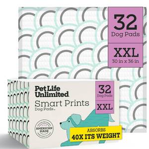 lot 1676 image: Pet Life Unlimited Smart Prints XXL Puppy Pads for Dogs, Potty Training Pee Pads, 32 Count, 30in x 36in, Leak-Proof, Super Absorbent, Quick-Dry, Patterned Pads with Odor Control, Made in USA