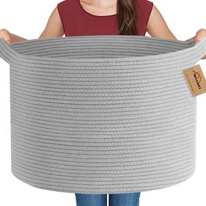 lot 1698 image: MEGASKET Extra Large Grey Storage Basket, 22in X 22in X 14in XXXL Blanket Basket for Living Room, Gray Wicker Woven Cotton Rope Baskets for Storage, Kids Toy Baskets Bins, Decorative Pillow Towel Basket