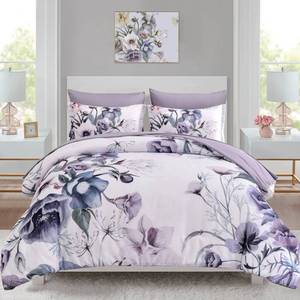 lot 1702 image: Luxudecor Floral Comforter Set Full Size 7 Piece, Purple Flower Bed in a Bag, Elegant Floral Comforter with Sheet Set, Soft Microfiber Bedding Set for All Season (Purple, 80inx90in)