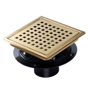 lot 1716 image: SaniteModar Shower Drain, 6 inch Shower Floor Square Drain with Flange, Removeable Grid Panel SUS 304 Stainless Steel Square Shower Drain, Brushed Gold