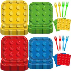 lot 2101 image: OBUSATT 96PCS Building Block Party Supplies Building Bricks Themed Party Plates and Napkins Colorful Blocks Bricks Square Paper Dinner Desert Plates for Birthday Party Favor Supplies Serve 24 Guests