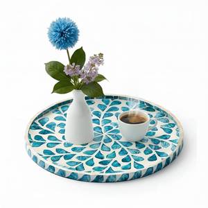lot 2120 image: Chunful 10.4 Inch Mother of Pearl Round Serving Tray Wood Coffee Table Tray for Tea Breakfast Kitchen Cabinet(Teal Floral Style)