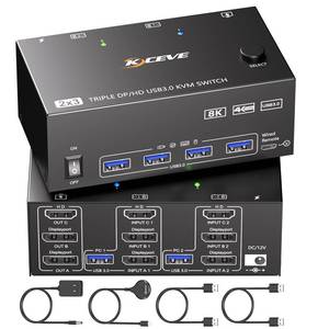 lot 2121 image: KVM Switch 3 Monitors 2 Computers 8K60Hz,Triple Monitor KVM Switch for Running Two Computers Across 3 Monitors, Sharing 4 USB 3.0 Devices, with Wired Remote and USB Cable