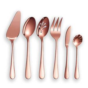 lot 2122 image: Berglander Stainless Steel Rose Gold Titanium Plated Flatware Serving Set 6 Pieces, 5 Serving Pieces of 45 Pieces Flatware With 1 Cake Server, Copper Serving Silverware Set (Shiny Rose Gold)