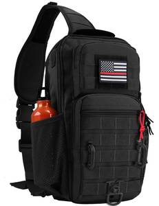 lot 2125 image: Rover Sling Pack Tactical Shoulder Sling Bag Backpack with Bottle Holder Crossbody Chest Bag, Black with Red RopePatch