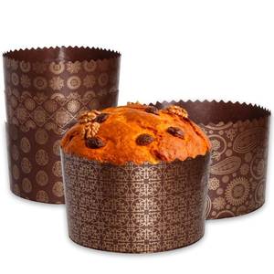 lot 2134 image: 15oz Round Panettone Paper Mold  12 Pack  Non Stick Easter Bread Kulich Paska Brown Design W 5.1 x H 3.35-In by SHSH trade group