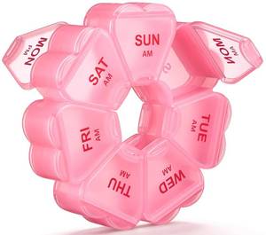lot 2138 image: AOGUU Weekly Pill Organizer, 7 Day AMPM Pill Box with 14 Compartments, 2 Times a Day Travel Pill Case for Vitamins, Medicine, Fish Oil and Supplements (Pink)