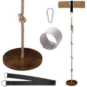 lot 2144 image: Yangbaga Wooden Round Disc Rope Swing 51in-73in Adjustable Climbing Rope Tree Swing with Hanging Strap Snap Hook and Felt Protectors for Kids Outdoor Brown