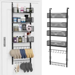 lot 3130 image: Over the Door Organizer, 2 in 1 Metal Hanging Closet Organizer and Hat Rack with 4 Adjustable Baskets, 8 Hooks, 10 Clips, Behind The Door Storage for Bedroom, Bathroom, Entrance, Closet, Kitchen, Black