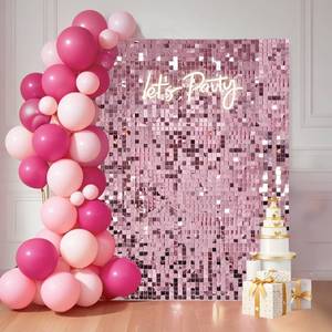 lot 3137 image: 24 Pcs Pink Shimmer Wall Backdrop Panels for Party Decor- 4FT x 6FT Pink Sequin Wall Backdrop for Graduation Girls Women Birthday Home Decoration