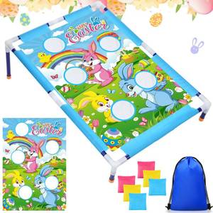 lot 3138 image: Gemscream Easter Bean Bag Toss Games with 6 Bean Bags Bunny Portable PVC Framed Cornhole Game Set for Easter Family Holiday Birthday Outdoor Game Party (Rabbit,Pink Yellow Blue)