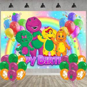 lot 4064 image: Barney Birthday Party Decoration, Photo Background 5 x 3 FT, 18 Pcs Balloons, Barney Merch Party Backdrop Supplies