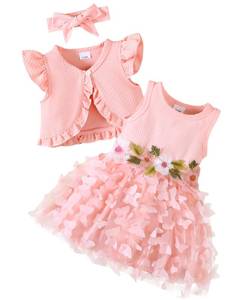 lot 4070 image: Renotemy Infant Baby Girlsft Tutu Dresses Pink Butterfly Dresses Sleeveless Flower Dress with Cardigan Set Baptism Wedding Party Christening Dress for Girl 6-9 Months 12 Month Clothes with Headband