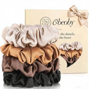 lot 4077 image: 4 Pack Mulberry Silk Scrunchies, Brown Silk Hair Ties for Hair Sleep No Damag Satin Scrunchies Gifts for Mom Wife