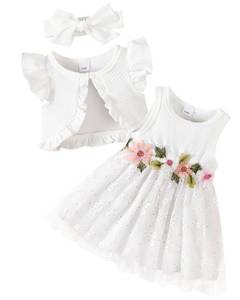 lot 4104 image: Renotemy Infant Baby Girlsft Tutu Dresses White Christening Dresses Sleeveless Flower Dress with Cardigan Set Baptism Wedding Party Christening Dress for Girl 6-9 Months 12 Month Clothes with Headband