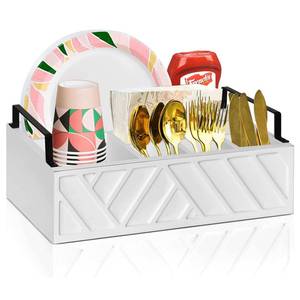 lot 5082 image: Ihdt Paper Plate Dispenser with Utensil Caddy, Rustic Wooden 6-Compartment Flatware Organizer for Kitchen Counter, Picnic and Parties (White)
