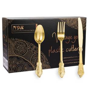 lot 5099 image: N9R 300pcs Gold Plastic Silverware Dinnerware Flatware- Heavyweight Plastic Cutlery Set, 100 Forks, 100 Spoons, 100 Knives, Gold Utensils for Party, Thanksgiving, Christmas